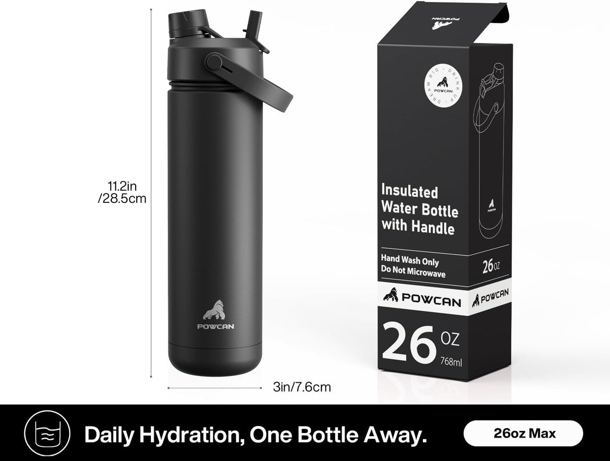 POWCAN 26 oz Insulated Water Bottle with 2-in-1 Straw and Spout Lid, Keep