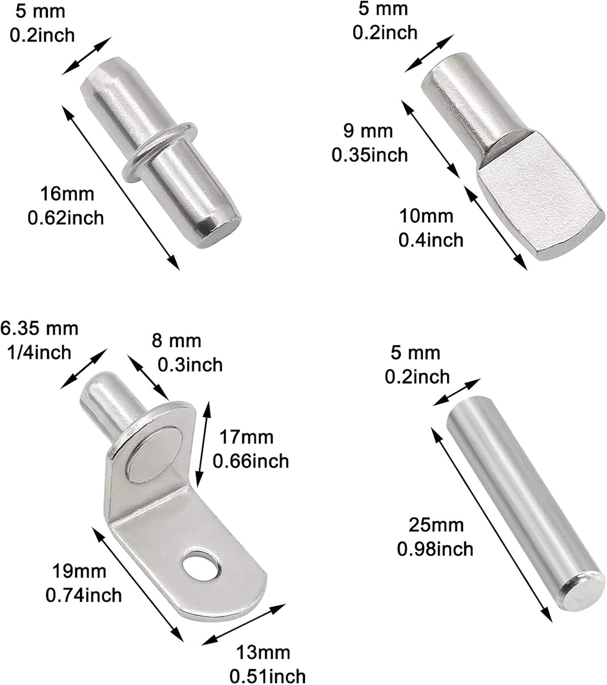104Pcs Shelf Pins Kit,4 Styles Nickel Plated Shelf Support Pegs,Bookshelf