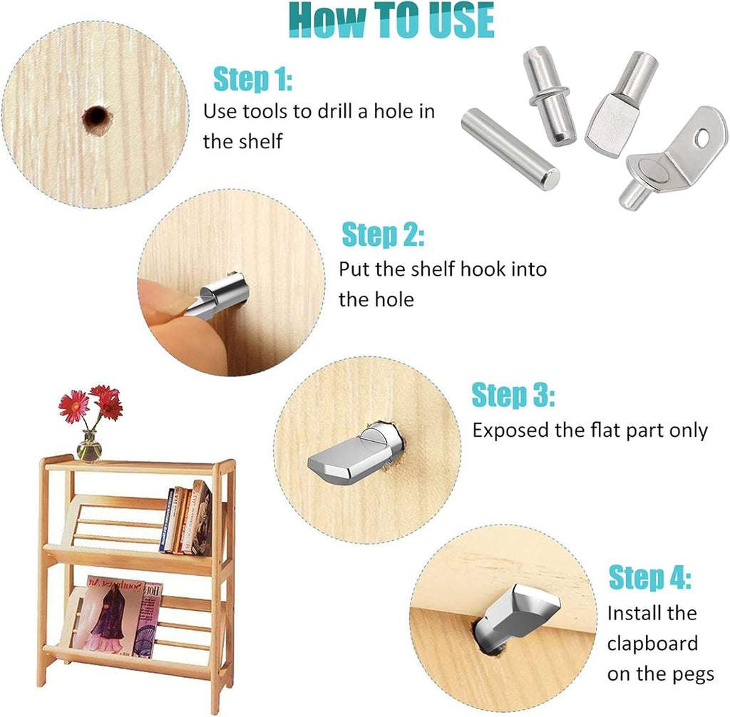 104Pcs Shelf Pins Kit,4 Styles Nickel Plated Shelf Support Pegs,Bookshelf