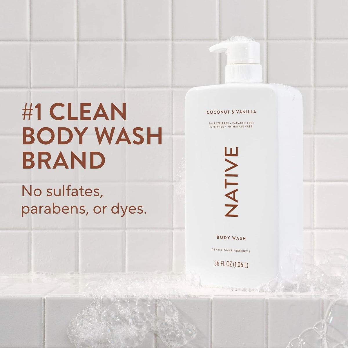 Native Body Wash for Women & Men, Coconut & Vanilla, 36 oz Pump Bottle