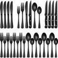 EWFEN 24-Piece Black Silverware Set with Steak Knives, Black Flatware Set for