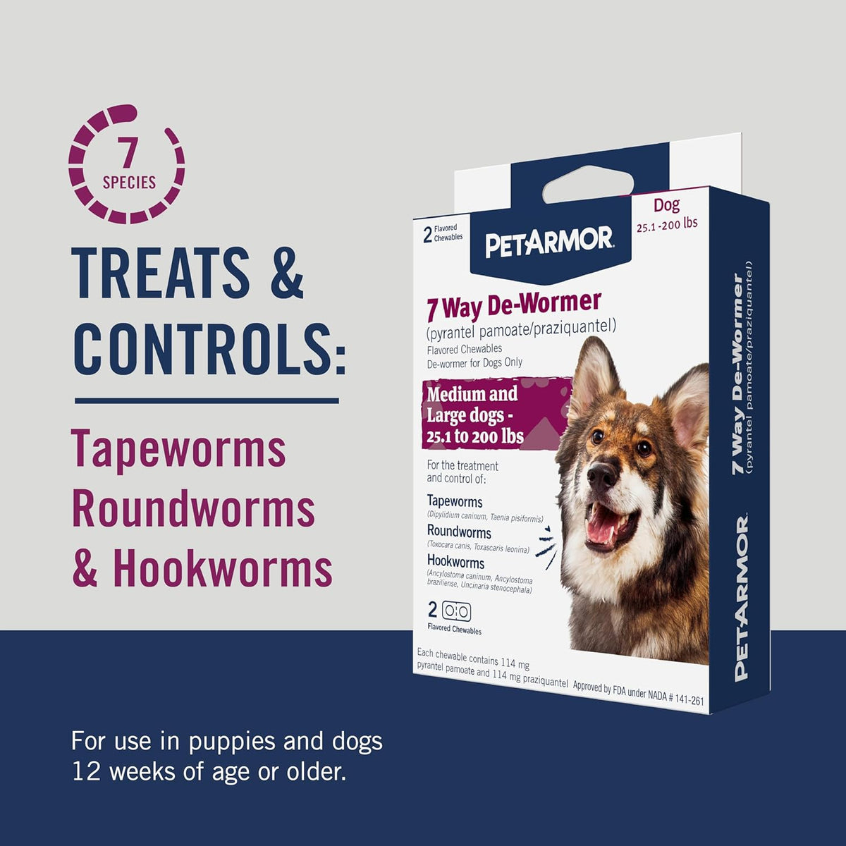 PetArmor 7 Way De-Wormer for Dogs, Oral Treatment for Tapeworm, Roundworm &