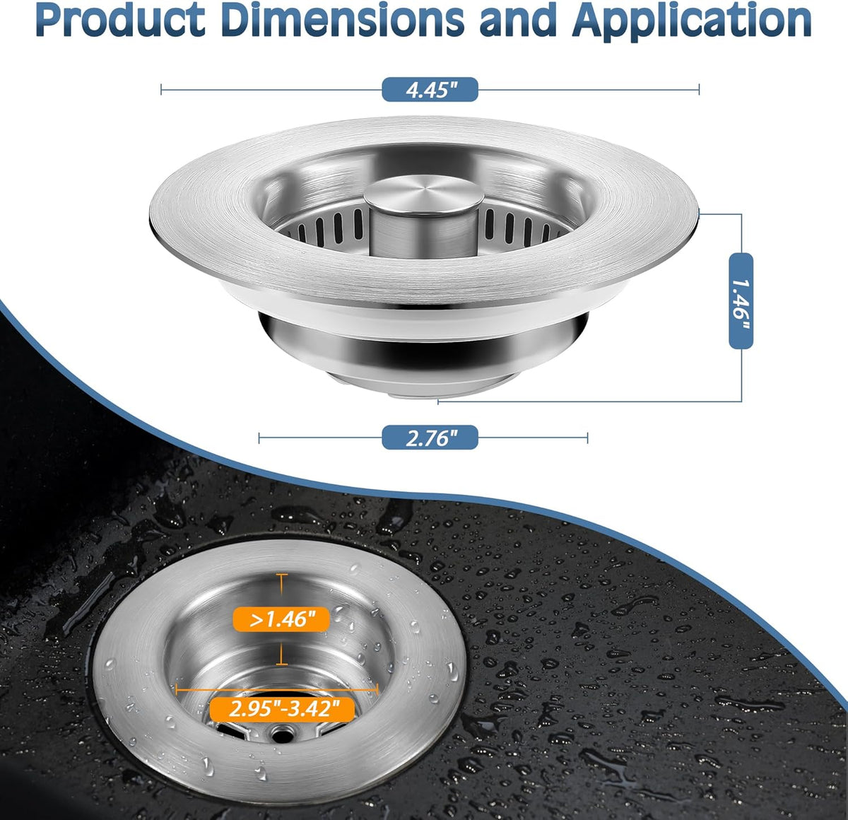 Kitchen Sink Drain Strainer 3 in 1, 304 Stainless Steel Pop Up Sink Stopper