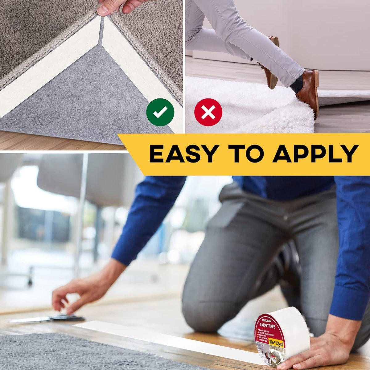 Carpet Tape Double Sided - Rug Tape Grippers for Hardwood Floors and Area