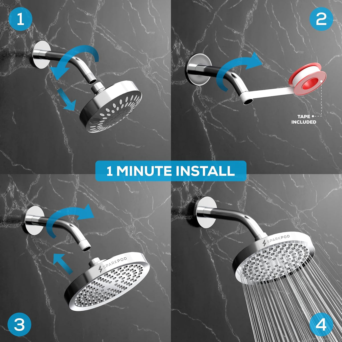 SparkPod Shower Head - High Pressure Rain - Premium Quality Luxury Design
