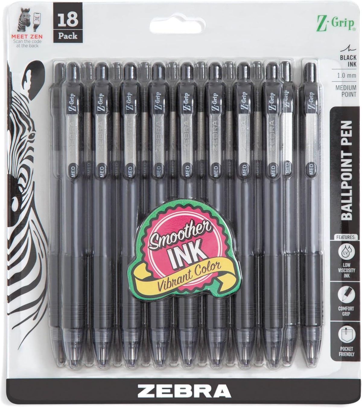 Zebra Pen Z-Grip Retractable Ballpoint Pen, Smooth-Flowing Black Ink, 1.0mm